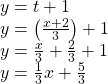 \begin{array}{l}y=t+1\hfill \\ y=\left(\frac{x+2}{3}\right)+1\hfill \\ y=\frac{x}{3}+\frac{2}{3}+1\hfill \\ y=\frac{1}{3}x+\frac{5}{3}\hfill \end{array}