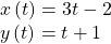 \begin{array}{l}\\ \begin{array}{l}x\left(t\right)=3t-2\hfill \\ y\left(t\right)=t+1\hfill \end{array}\end{array}