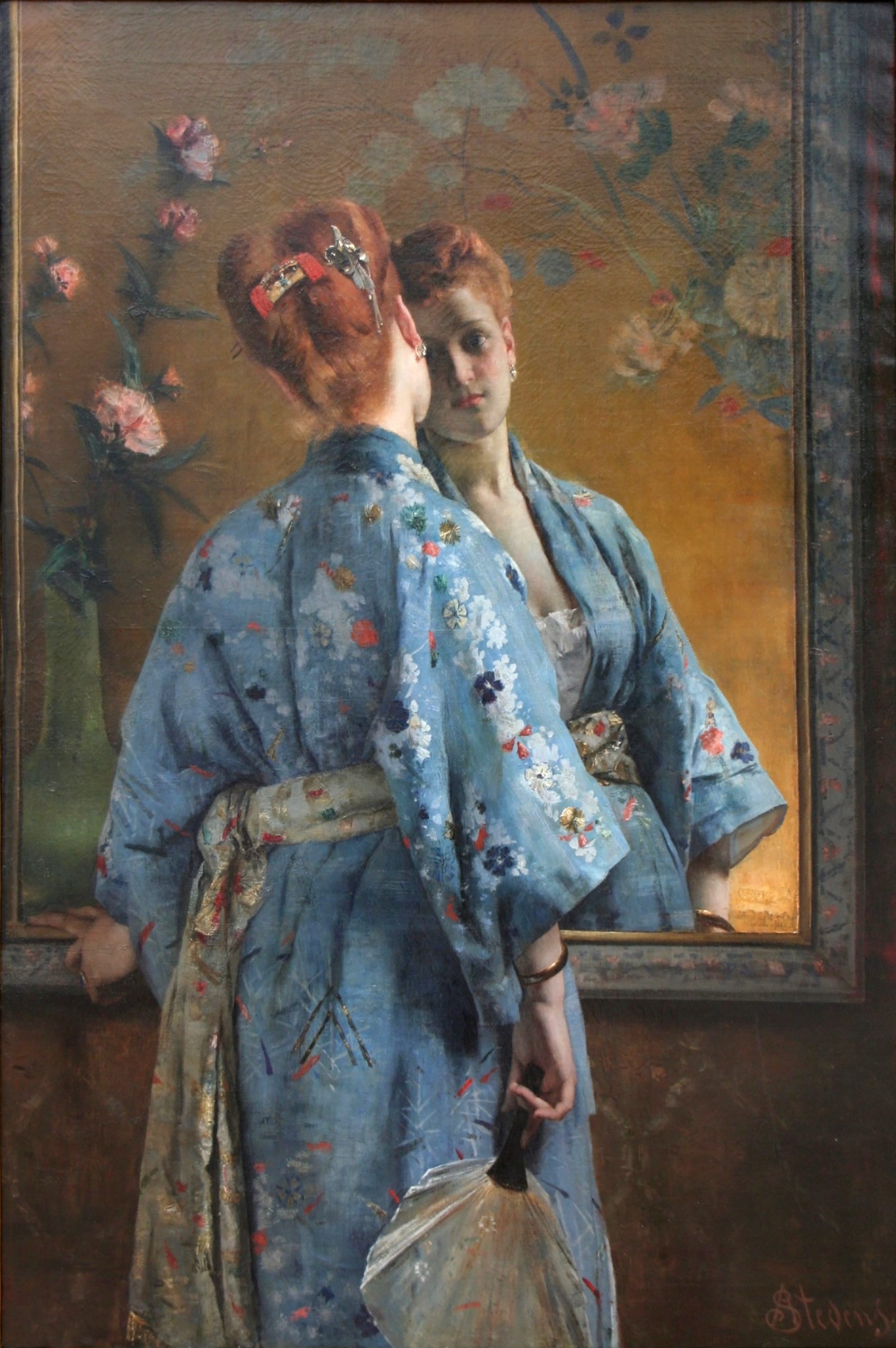 A woman in a kimono staring at her own reflection through a mirror with a fan in her right hand