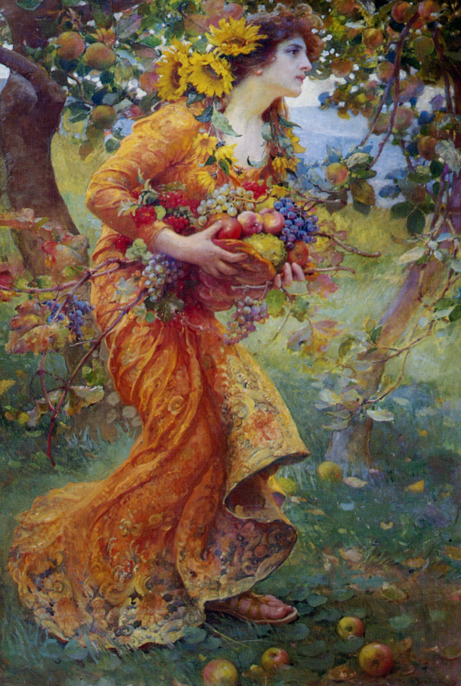 A woman carrying a cornucopia filed with fruits walks past a tree in a meadow