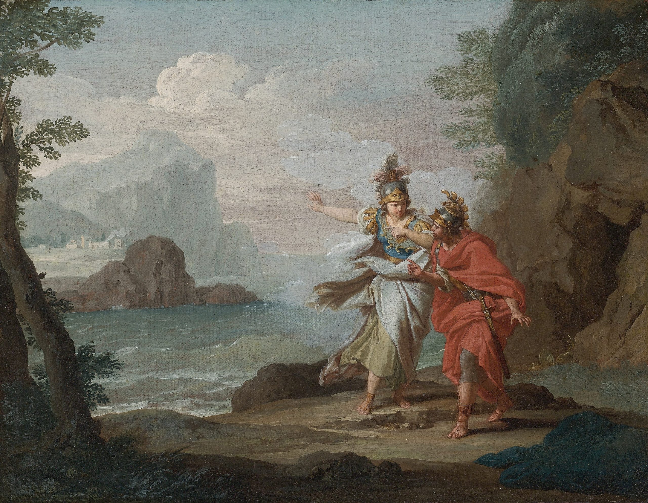 A woman pointing in the direction of a distant island to a man looking in the same direction
