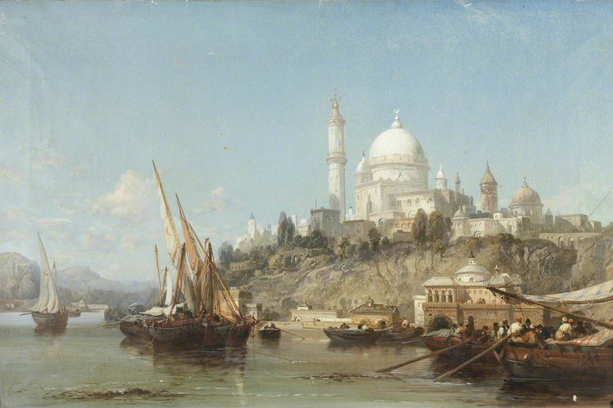 A landscape view of ships and boats gathering at a city harbour with a large domed building in the distance