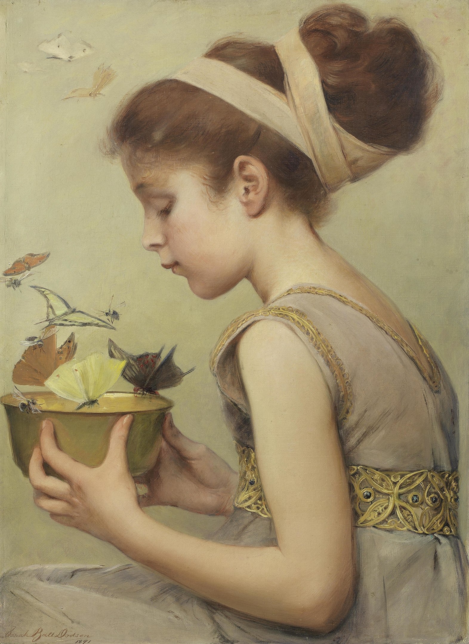 A side view of a young girl holding a bowl upon which moths and bees are perched