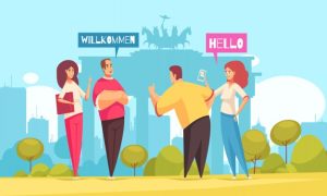 Picture of 4 modern cartoon characters saying Hi in front of the Brandenburg Gate