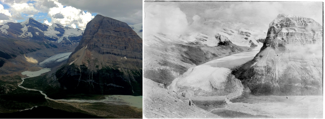 Two photos of a glacier. One taken in 1908 and the other in 2012. In that time, the glacier has melted substantially