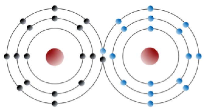 Each chlorine atom has 7 electrons in its outer shell. They each share one electron to form a covalent bond