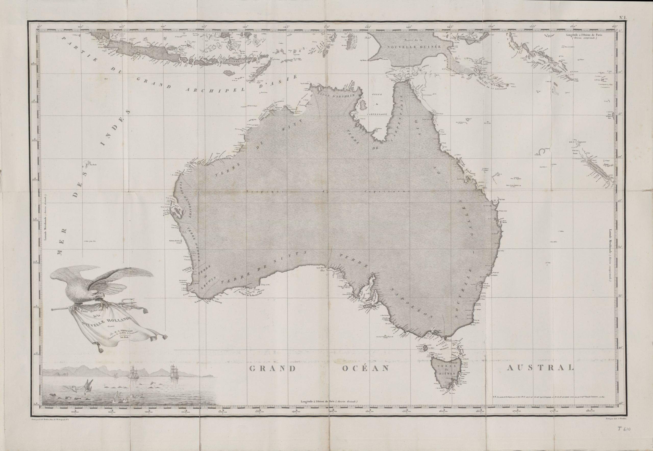 Map of Australia from the Baudin expedition, drawn by Louis de Freycinet