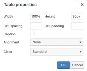 Table properties window. Description below.