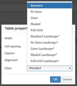 Table properties > Classes dropdown. Description below.