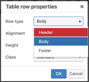 Table row properties popup. Description above.