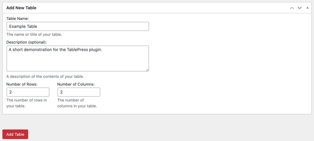 The Add New Table box with textboxes for Table Name, Description (optional), Number of Rows, Number of Columns