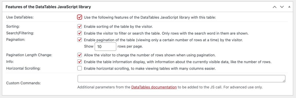 Features of the DataTables JavaScript library box. Description above.