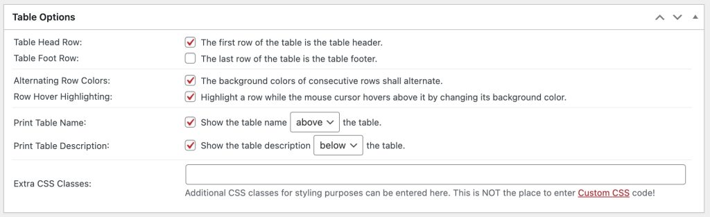 Table Options box. Description above.