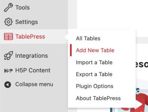 TablePress menu items: All Tables; Add New Table; Import a Table; Export a Table; Plugin Options; About TablePress