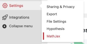 Settings menu with items "Sharing & Privacy", "Export", "File Settings", "Hypothesis" and "MathJax"