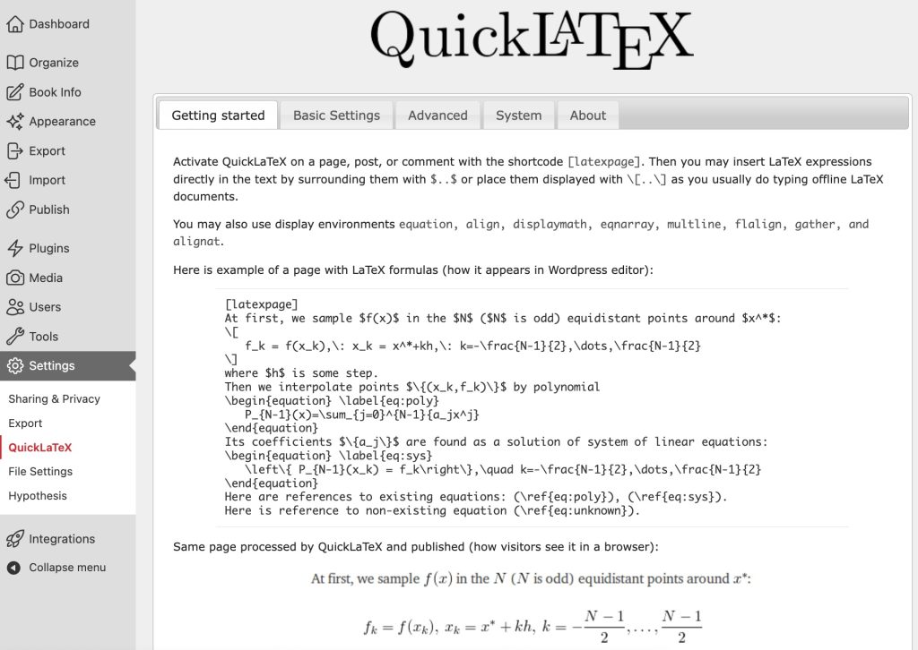 WP QuickLaTeX Settings page with tabs at the top (Getting Started, Basic Settings, Advanced, System, About). The Getting started tab contains an example of a page with LaTeX formulas.