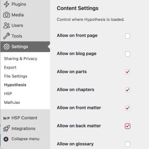 The Content Settings page for Hypothesis. The following options are checked: Allow on parts, Allow on chapters, Allow on front matter, Allow on back matter