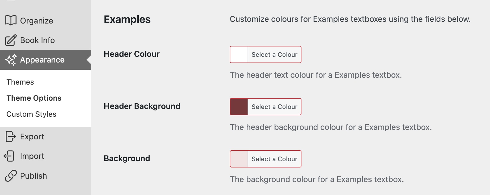 Theme options, Examples textbox custom colors. Description above.