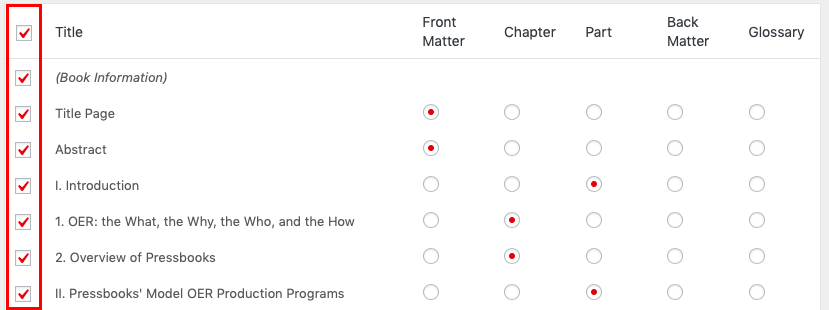 The checkboxes on the left side of the import table highlighted