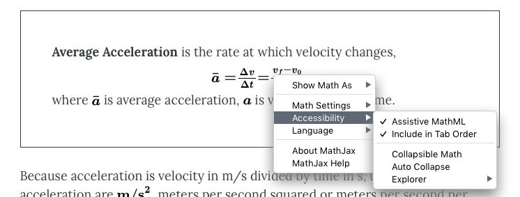 MathJax settings menu from webbook. Items: Show Math as, Math Settings, Accessibility, Language, About MathJax, MathJax Help. The Accessiblity item is expanded to show the items Assistive MathML, Include in Tab Order, Collapsible Math, Auto Collapse, Explorer.