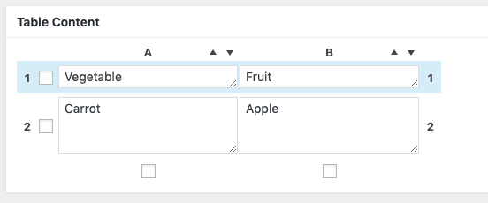 Table Content panel with editable cells for row and column content